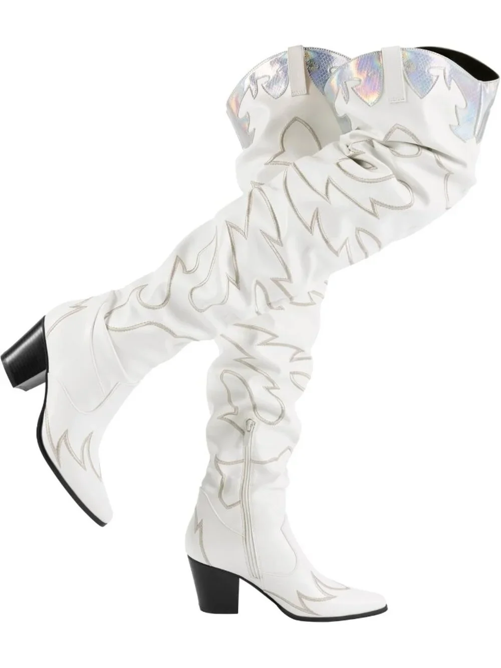 Women's White Faux Leather Embroidery Slouchy Shaft Chunky Heel Knee High Boots